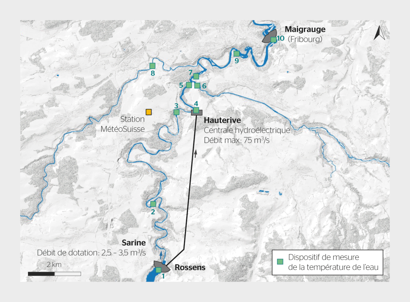 <b>Figure 1</b> Tronçon étudié et emplacement des capteurs de température.