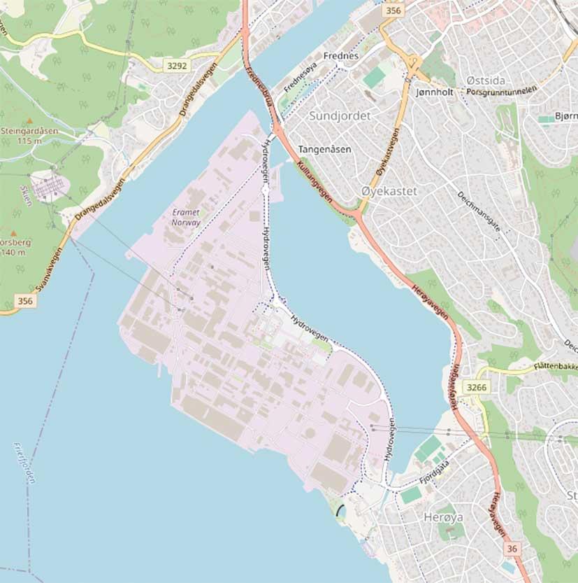 <b>Figure 1</b> Le living lab norvégien: le parc industriel de Herøya (HIP).